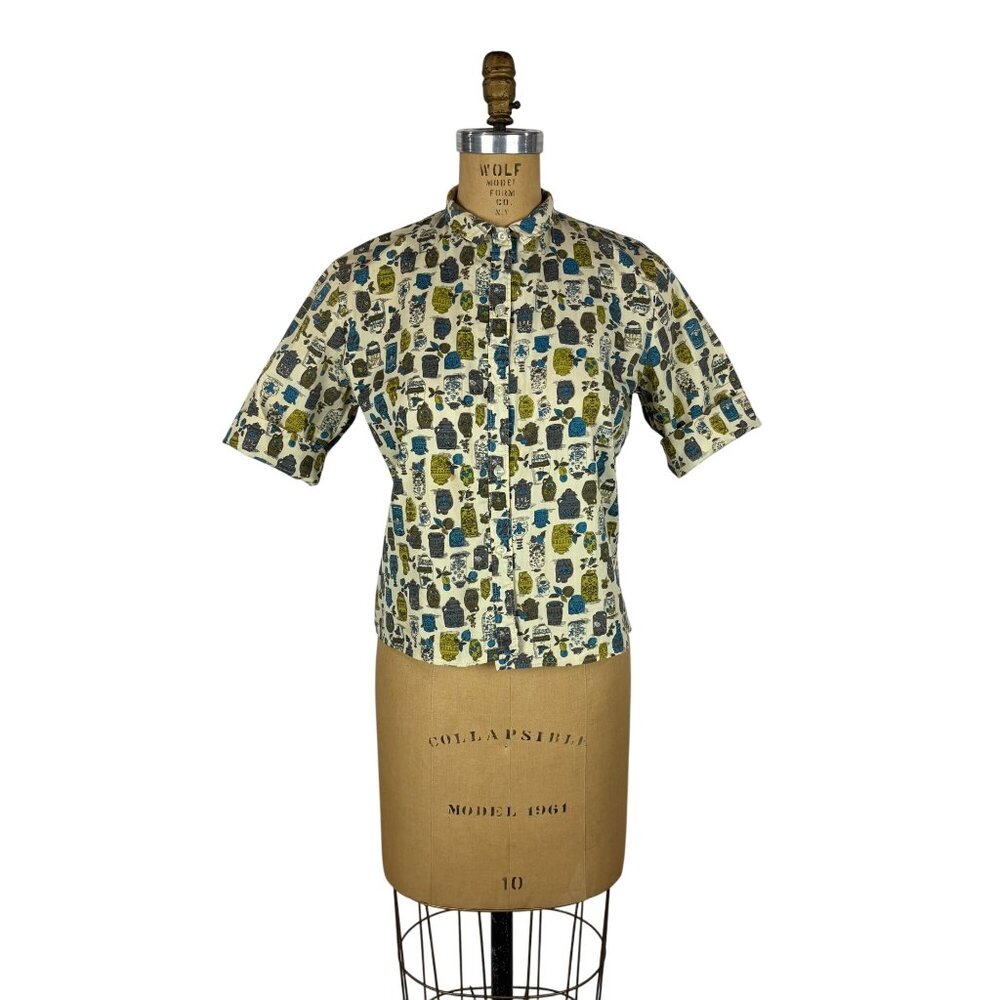 Vintage 50s Novelty Print Top Womens Small Blue Green Cannister Food Blouse